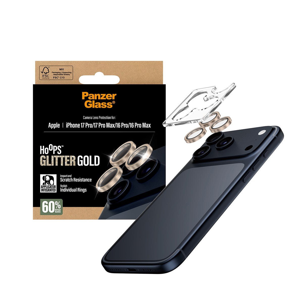 PanzerGlass® Hoops® Kameralinsebeskytter Glitter Guld iPhone 17 Pro | iPhone 17 Pro Max | iPhone 16 Pro | 16 Pro Max